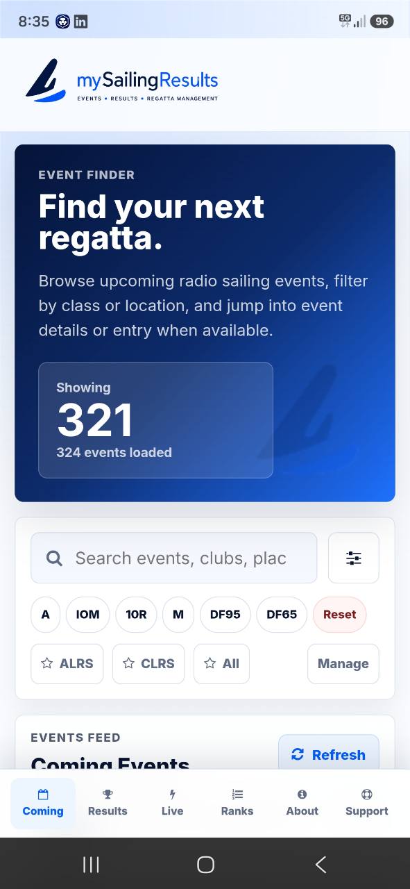 Coming Events in the mySailingResults app